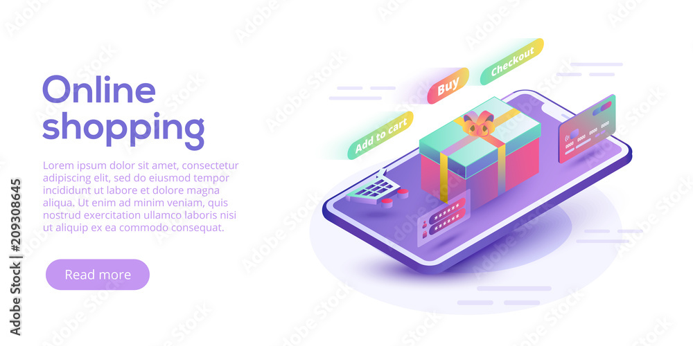 Poster online shopping or e-commerce isometric vector illustration. internet store payment procedure concep
