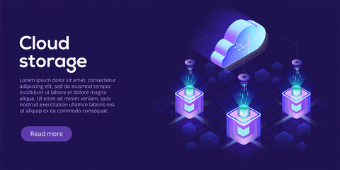 Cloud computing or storage isometric vector illustration. 3d hosting servers or datacenter background. IT network or mainframe infrastructure website header layout. Computer system or workstation.