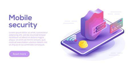 Mobile data security isometric vector illustration. Online payment protection system concept with smartphone and credit card. Secure bank transaction with password verification via internet.