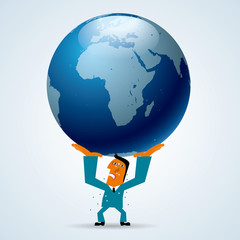 Marketing design, businessman lifting earth. Businessman wear blue suit.