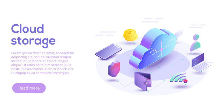 Cloud computing or storage isometric vector illustration. 3d concept with smartphone and laptop gadgets. Online data transfer website header layout. Digital network connection and interaction.