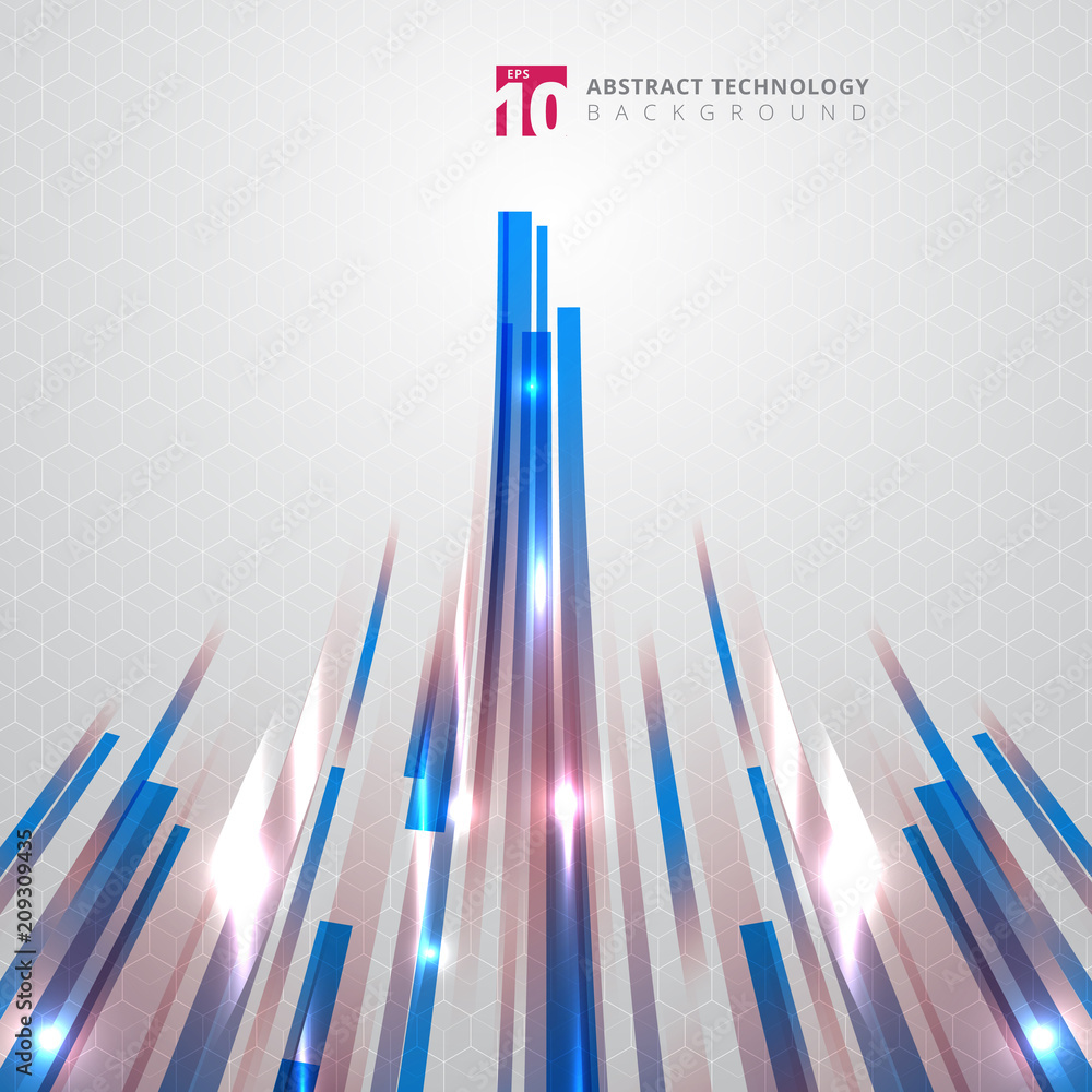 Poster abstract technology blue and red color straight lines with lazer lighting effect on hexagon pattern 