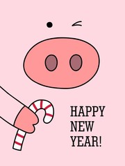 Happy New Year poster with cute pig holdes candy. Celebration flat vector illustration greeting poster