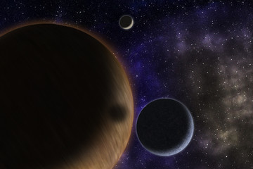 Vibrant outer space with stars, nebula and planets.