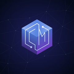 Initial letter CM, block chain, looping mono line circuit letter on hexagon cube logo, blue magenta gradient color on black blue network background
