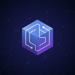 Initial letter CS, block chain, looping mono line circuit letter on hexagon cube logo, blue magenta gradient color on black blue network background