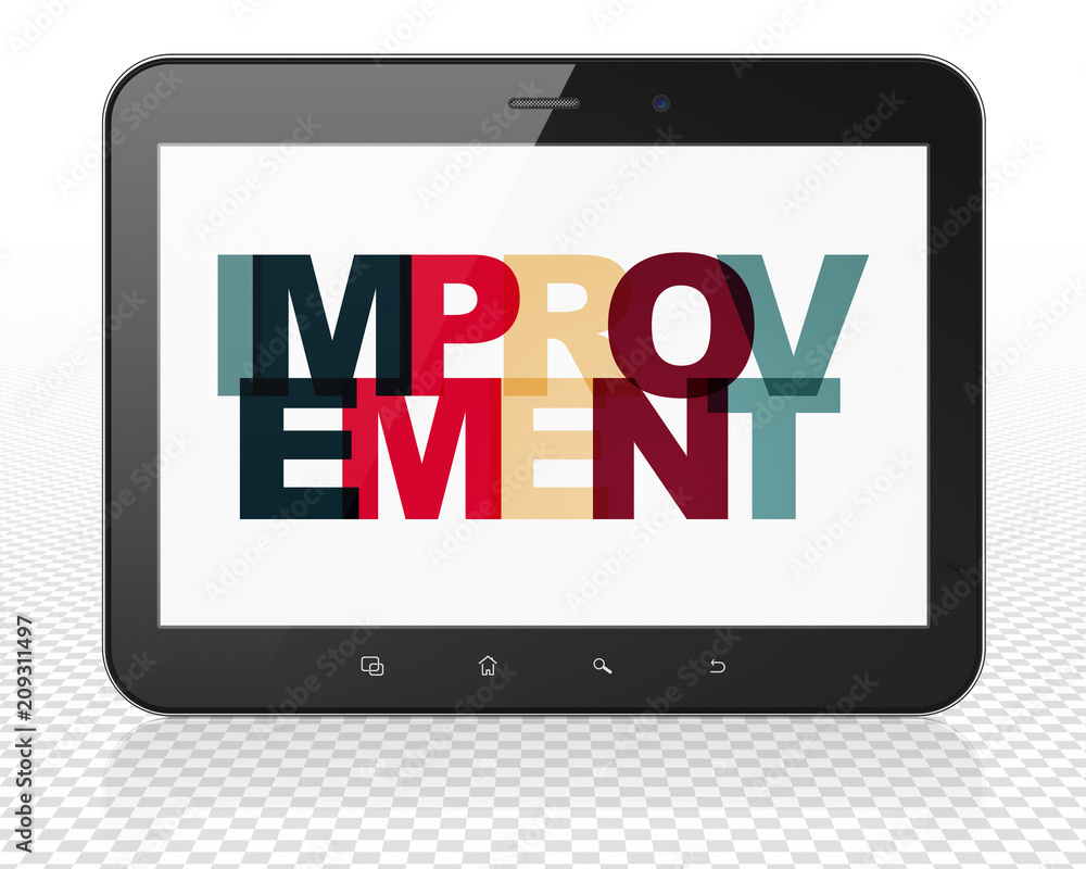 Poster business concept: tablet pc computer with painted multicolor text improvement on display, 3d renderi