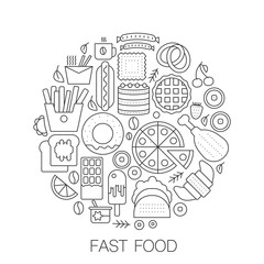 Fast food in circle - concept line illustration for cover, emblem, badge. Tasty fast food thin line stroke icons set.