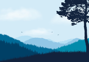 Mountain landscape with forest and hill, under blue sky with clouds and flying birds - with space for your text