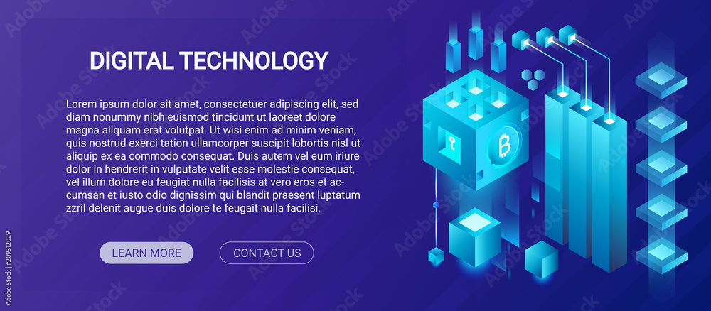 Poster hosting service, big data center, cryptocurrency and blockchain isometric composition banner templat