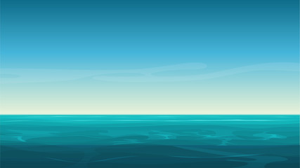Vector cartoon clear ocean sea background with empty blue sky. - obrazy, fototapety, plakaty