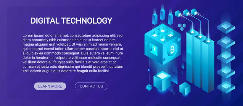 Hosting service, big data center, cryptocurrency and blockchain isometric composition banner template concept, mining crypto farm vector illustration.