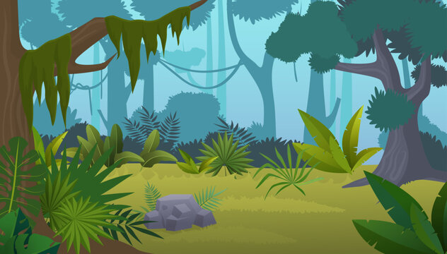 Fototapeta Vector cartoon empty tropical rainforest Jungle background.