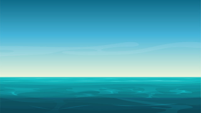 Vector cartoon clear ocean sea background with empty blue sky.