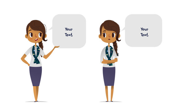 Collection Of Cheerful And Depressed African American Female Scout Troop Leader Dressed In Smart Clothes And Speech Balloons With Place For Text. Set Of Happy And Sad Women Talking Or Speaking.