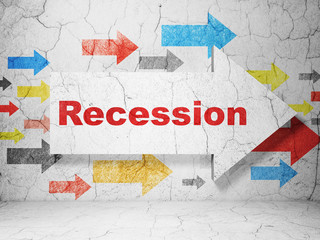 Finance concept:  arrow with Recession on grunge textured concrete wall background, 3D rendering