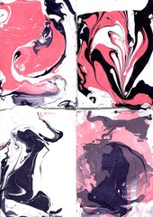 Marble. Pink and purple, white in color. Abstract drawing of a paint on a paper. Divorces and blots.