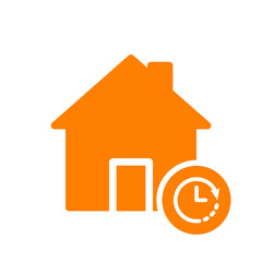 House icon, buildings icon with clock sign. House icon and countdown, deadline, schedule, planning symbol