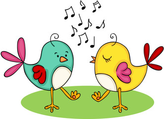 Cute couple of birds singing and dancing
