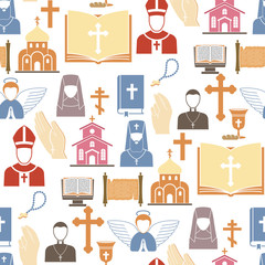Christianity religion vector pastor religionism flat illustration holy silhouette praying religionary christian faith religionist priest church traditional culture seamless pattern background.