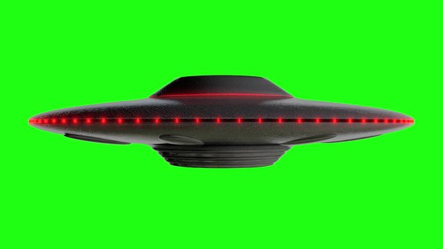 UFO - Flying saucer shape, Red lights around the outside, reflective metal body with realistic shaders, 3D rendered model rotating on an infinite loop over a green screen background