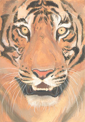 A photorealistic portrait of a tiger painted in mixed media with high resolution for printing, interior and design, publications on the Internet, branding and business...