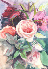 flower composition painted in watercolor for hand-made for postcards, printing and business style, branding and logos