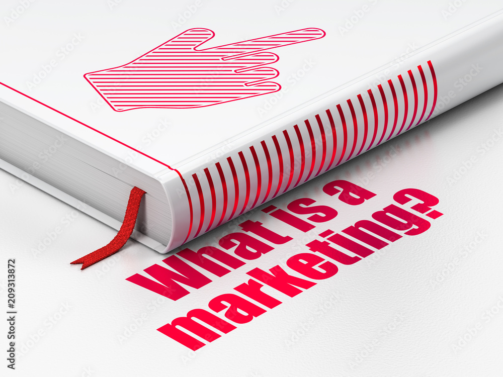 Poster marketing concept: closed book with red mouse cursor icon and text what is a marketing? on floor, wh