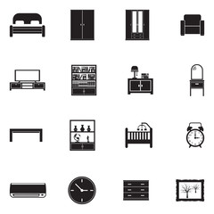 Bedroom Icons. Black Flat Design. Vector Illustration.