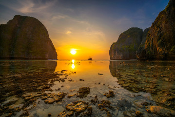 Sunset at the Maya beach on Koh Phi Phi island in Thailand