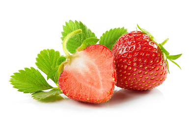 fresh red strawberries with green leaves