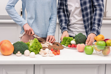 cropped shot of couple cooking healthy vegetarian dinner together