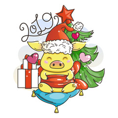 Cute cartoon pig in love. Symbol of New 2019 Year