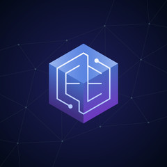 Initial letter EE, block chain, looping mono line circuit letter on hexagon cube logo, blue magenta gradient color on black blue network background