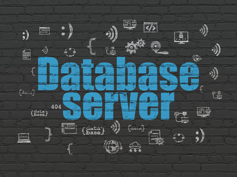 Programming concept: Painted blue text Database Server on Black Brick wall background with  Hand Drawn Programming Icons