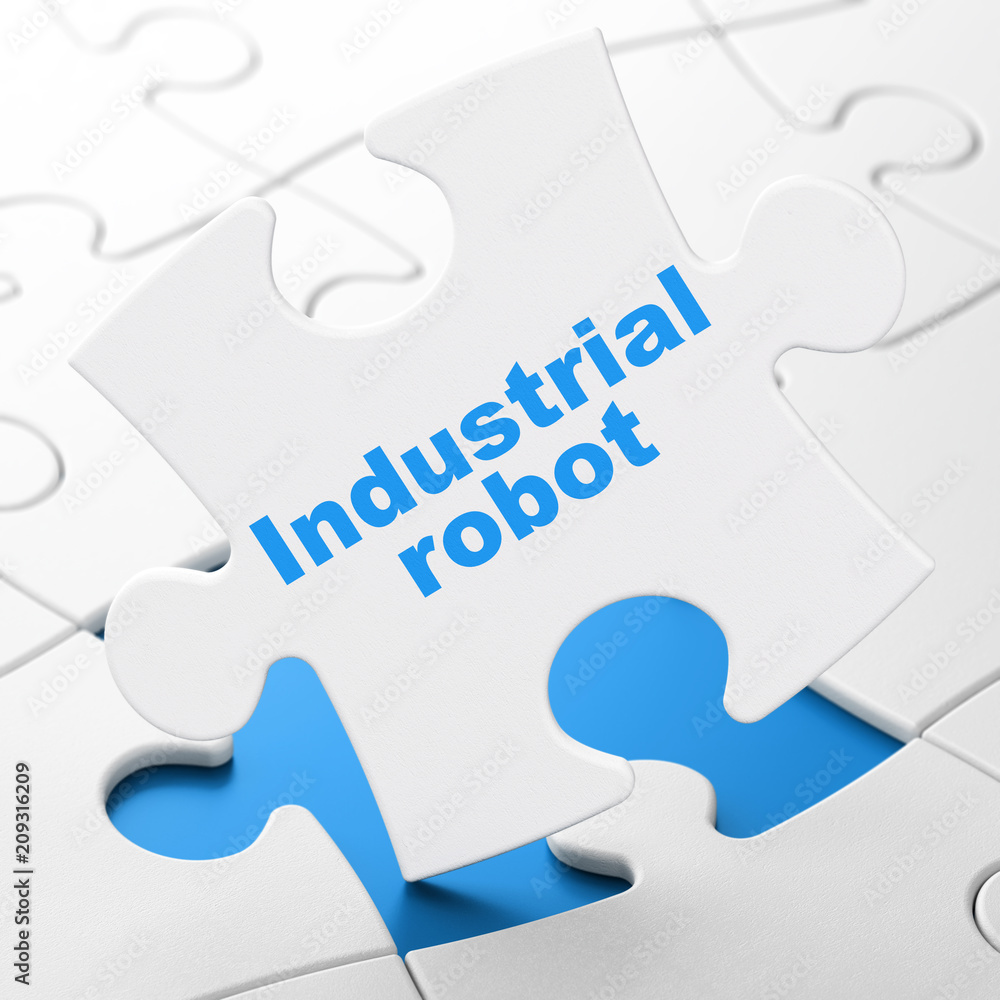 Poster manufacuring concept: industrial robot on white puzzle pieces background, 3d rendering