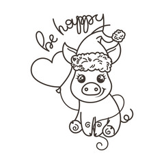 Happy New 2019 Year card with cartoon baby pig. Small symbol of holiday.
