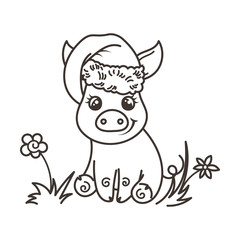 Happy New 2019 Year card with cartoon baby pig. Small symbol of holiday.