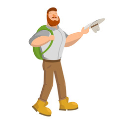 A bearded traveler with a green backpack takes off his hat