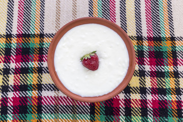Strawberry in a bowl of yogurt