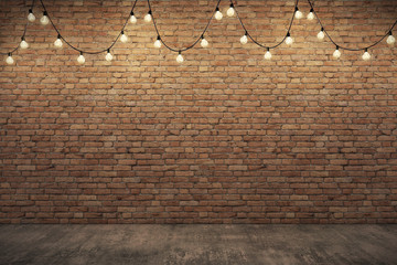 Orange rough brick wall & Concrete floor with lighting.3D illustration
