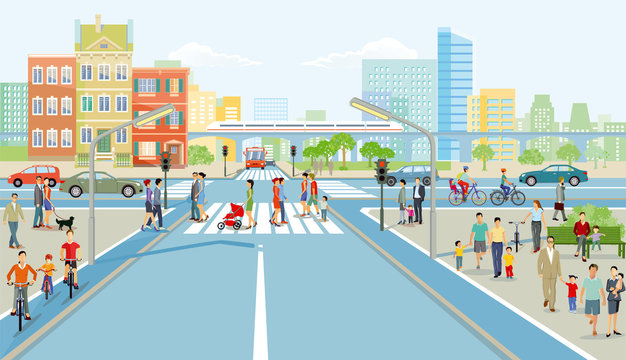 Straßenkreuzung mit Fußgänger und  Autoverkehr, Illustration