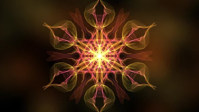 Fiery fractal backlit by fiery reflections, abstract video in orange, red and yellow, nice symmetric shape, 4k video