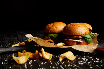 Set of junk food hamburgers and fried potatoes with scattered salt on wooden table