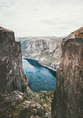 Kjerag mountains rocks over fjord Norway travel Landscape aerial view wild scandinavian nature