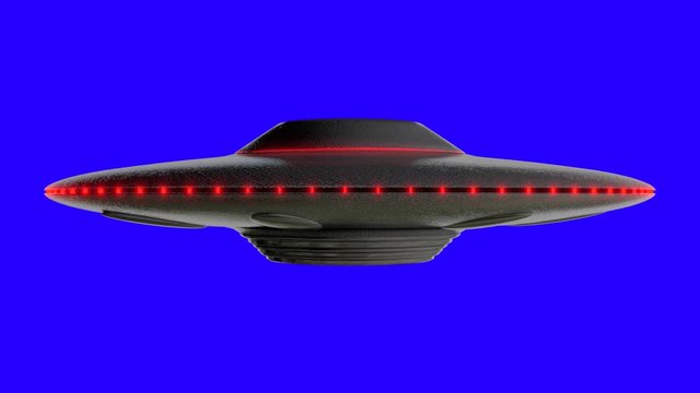 UFO - Flying saucer shape, Red lights around the outside, reflective metal body with realistic shaders, 3D rendered model rotating on an infinite loop over a blue screen background