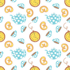 Tea time simple sketh drawn by hand seamless pattern in cartoon style with watch, cup, brezel, teapot, bakery. For wallpapers, web background, textile, wrapping, fabric, kids design.