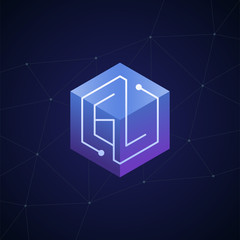 Initial letter GL, block chain, looping mono line circuit letter on hexagon cube logo, blue magenta gradient color on black blue network background