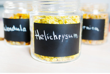 Differet dry health herbs and flowers in glasses