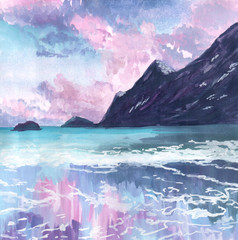 Hand drawn watercolor background. Landscape of pink sunrise, sunset, mountains and reflection on the water. Design for cover page, banner, booklet, landing page - 209320883